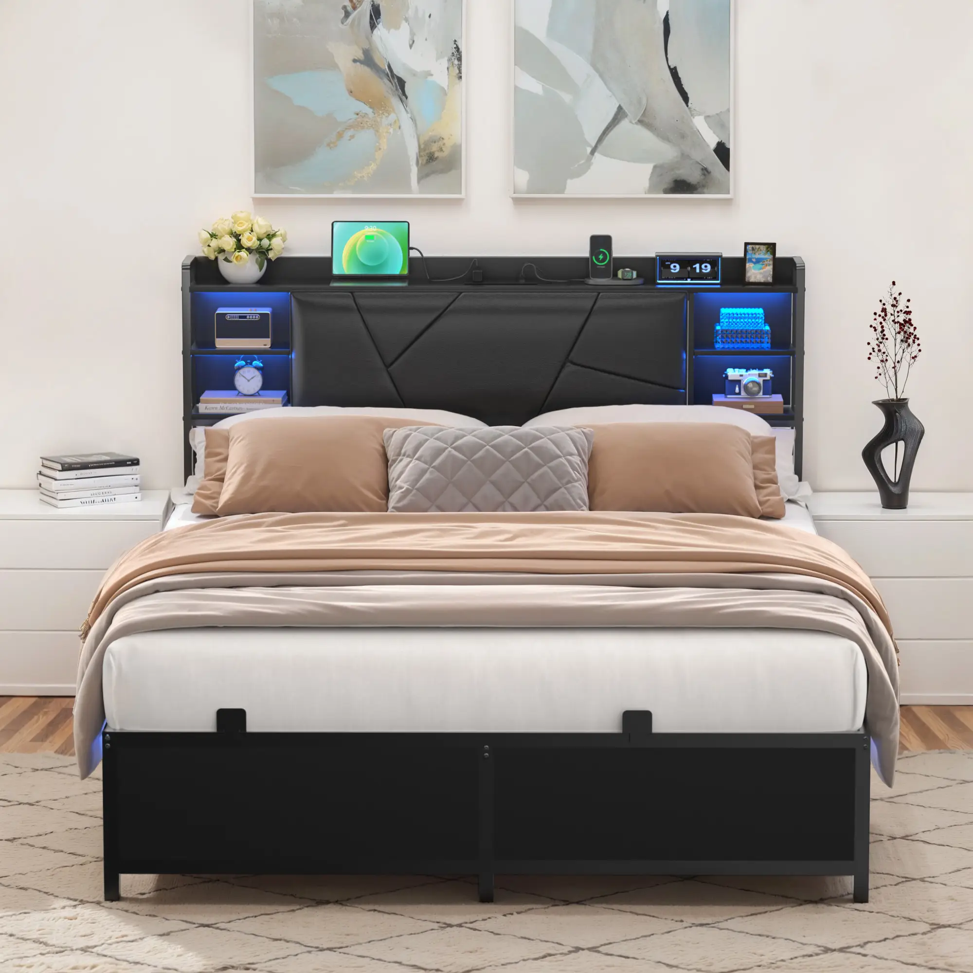 Upholstered Bed Frame with Soft PU Leather Headboard, Modern Storage Design, Intelligent RGB LED Lights, Luxury Comfort for Bedroom