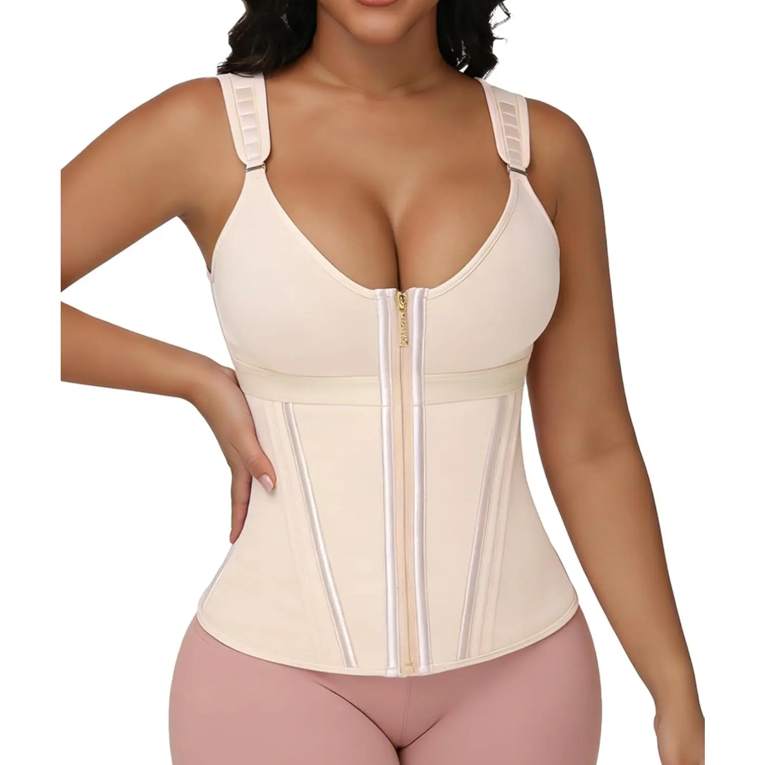 Women's Overbust Compression Corset Waist Trainer Vest - Zippered Print Faja Shapewear, Casual Tummy Control Girdle Underwear