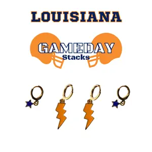 Louisiana College Wildcats Edition - Stacked by Suzie Classic Gameday Stack - Orange Mini Enamel Bolts and Navy Baby Star Huggie Earrings
