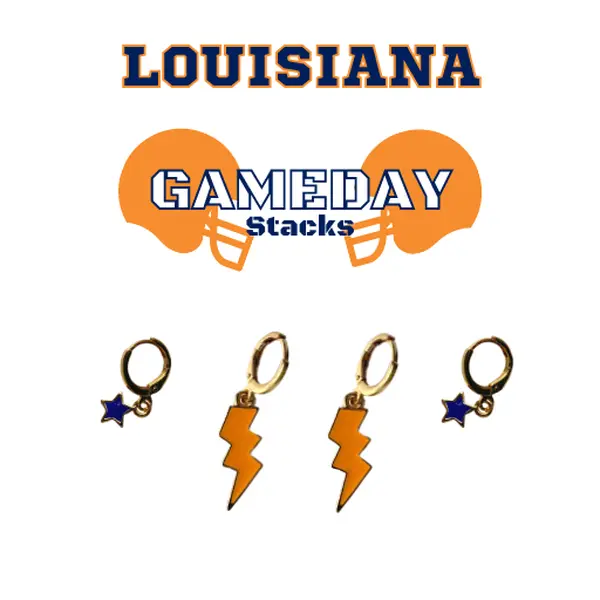 Louisiana College Wildcats Edition - Stacked by Suzie Classic Gameday Stack - Orange Mini Enamel Bolts and Navy Baby Star Huggie Earrings
