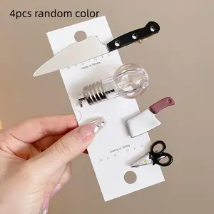 4-Piece Set Creative Fun Fake Scissors Hair Clips, Side Forehead Bangs Hair Clip, Glowing Bulb Headband, Women and Girls Daily Accessories, Multiple Styling Options
