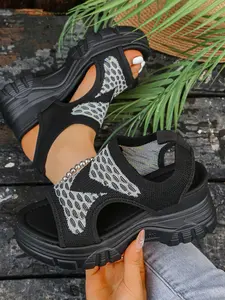 Sporty Flyknit Thick Sole Fish Mouth Sandals, Breathable Non-Stuffy, Colorblock Design Sandals, Colorful Patterns, Anti-Slip Durable, Comfortable for Travel Shopping, Trending Elevated Sandals