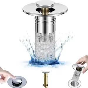 Premium Stainless Steel Kitchen Sink Drain Strainer, Metal Sink Strainer Shower Stopper Combo, Pop-Up Anti-Clog Anti-Odor Sink Stopper with Hair Filter for Home Bathroom Kitchen Use