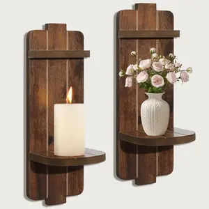 Rustic Candle Holder Set of 2 Vintage Brown Wooden Wall Sconces for Fireplace Bedroom Living Room Farmhouse Wall Decor with Candle Shelf for Home Aisle Hallway