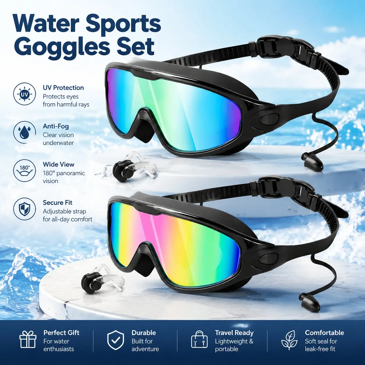 [Deals For You] 2 Pack Swim Goggles for Adults & Kids – Anti-Fog UV Protection Lenses with Earplugs & Nose Clip, Comfortable Waterproof Fit for Swimming Training Outdoorfun Use
