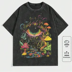 Men's Patterned T-Shirt - Dark background with bright green eyes and mushroom forest pattern, suitable for women's daily wear, Y2K, soul music, concerts, Halloween, gothic style, vintage style, street style pattern