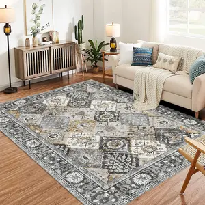 【GARVEE】Moroccan Trellis Area Rug 4x6 Washable Vintage Floral Print Rugs, Boho Non Slip Indoor Carpet for Entryway Living Room Kitchen Bedroom Laundry Room, Grey Brown