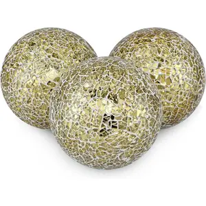 MDLUU Gold Mosaic Spheres 4" Decorative Orbs Centerpiece Balls for Bowls Vases Dining Table Decor Pack of 3 Resin Core Cement Wrapping Glass Mosaic Pieces Sparkling Shine