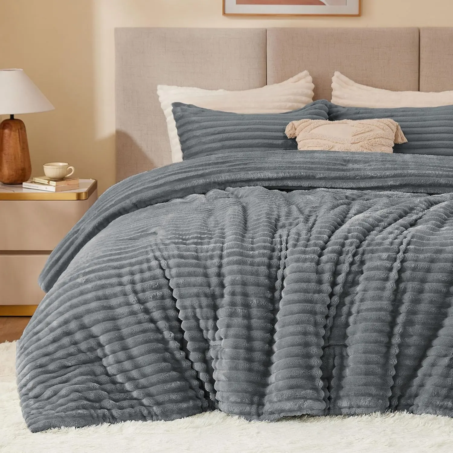 King Comforter -Super  Warm Fluffy Grey, Fuzzy Heavy for Winter with 2 Pillow Cases