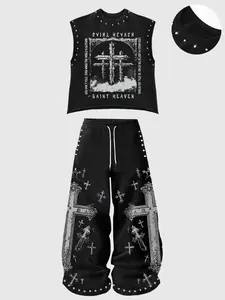 Gothic Style Men's Casual Tank Top and Pants Set, Cross Print Swing Leg Pants, Graphic Fitted Streetwear for Spring & Fall, Edgy Religious Theme