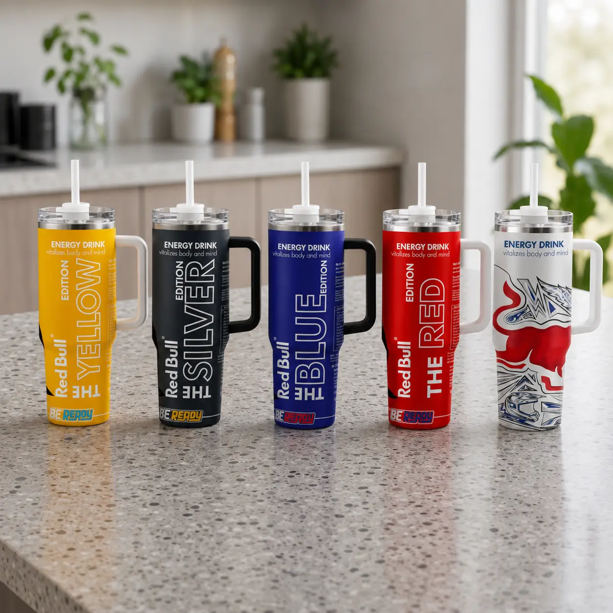 [ R.Bull ] 40oz Energy Drink Inspired Tumbler with Handle & Straw, Stainless Steel Vacuum Insulated Travel Mug, Gift for Energy Drink Fans
