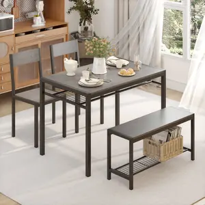 Modern 4-Person Dining Set with Storage Rack & Sturdy Metal Frame, 1 Bench & 2 Chairs, Space-Saving Table Set for Kitchen Apartment Dining Room, Gray