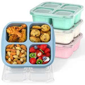 Bento Snack Boxes (4 Pack)- Reusable 4-Compartment Meal Prep Containers for Kids and Adults, Perfect Food Storage School, Compact Stackable (Wheat(Green/Blue/PK/Beige))