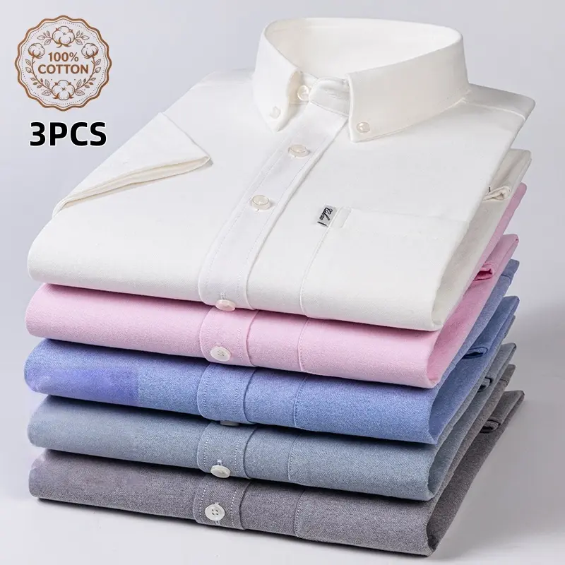 3-piece set Men's 100% Cotton Short Sleeve Oxford Shirt Button-Down Collar Regular Fit Garment Washed | 7 Colors Available | Soft Breathable Wrinkle Resistant Shirts for Men Business Casual Daily Office Wear