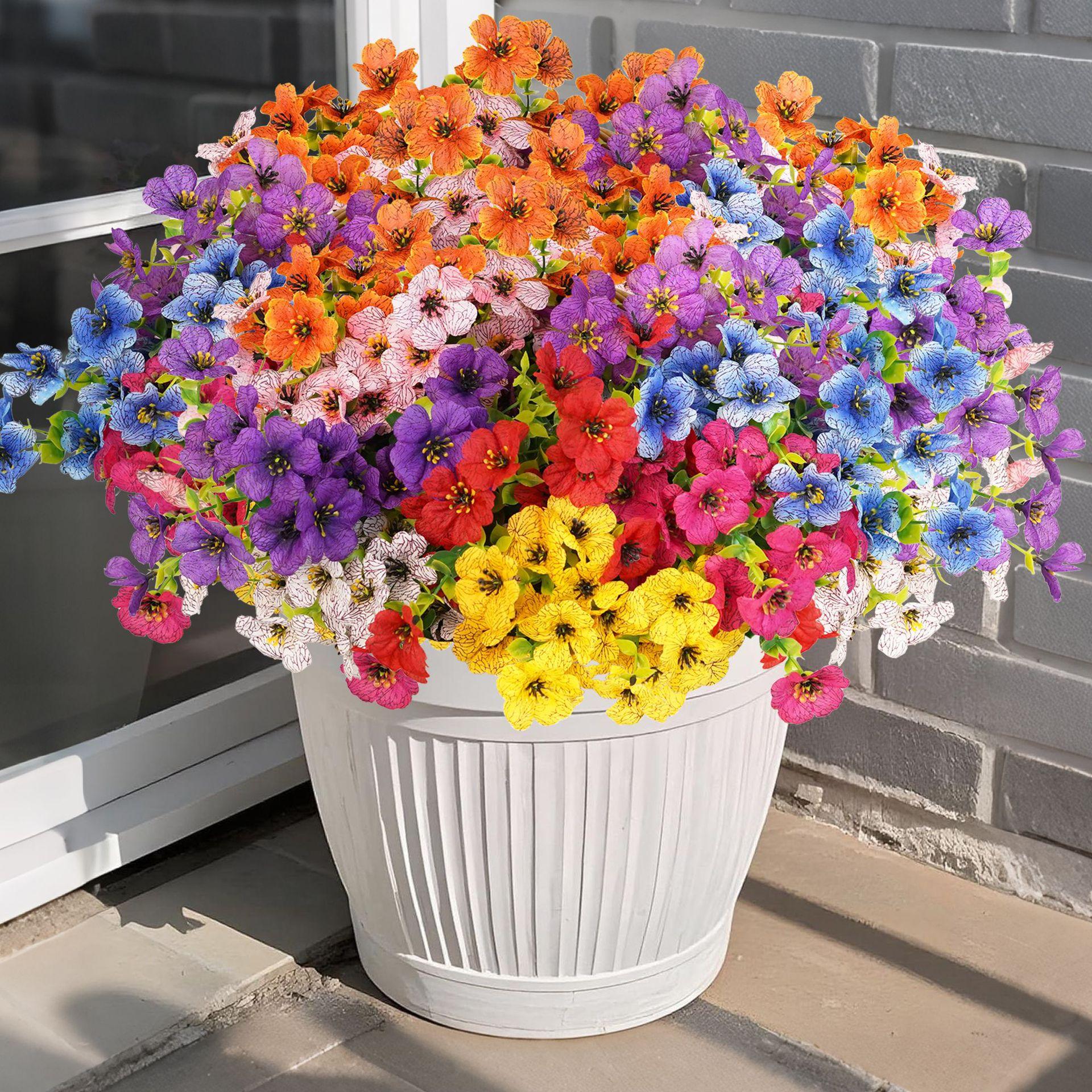 Artificial mixed flowers, 8 pieces/set, outdoor UV-resistant colorful artificial flowers, fake outdoor flowers, eucalyptus and violet, decorative flowers, decorative bouquets suitable for home, garden and porch decoration