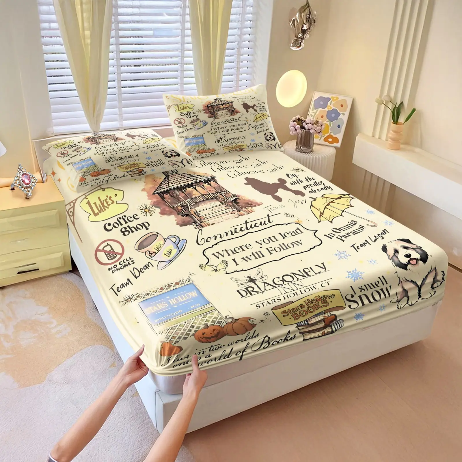 Gilmore Girls themed fitted sheet set,1 fitted sheet & 2 pillowcases, features a warm-toned background with iconic quotes and related patterns, vintage & cozy style, stylish & durable bedding, Bed Linens, Bedding Supplies