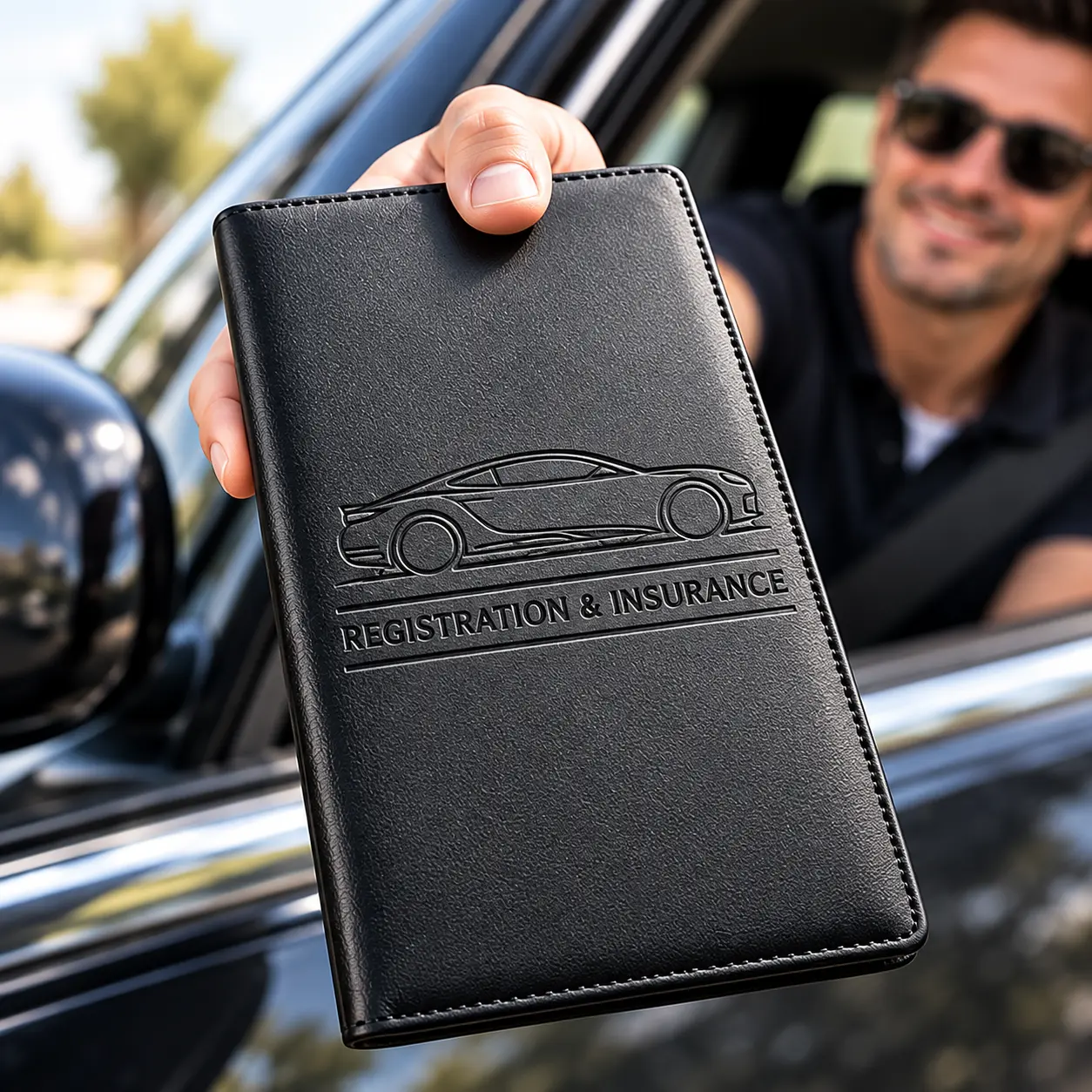 Vehicle Registration & Insurance Holder, Black Leather Car Document Organizer with Clear Pockets, Card Slots and Magnetic Closure for Glove Box, Center Console or Seat Pocket kit interior