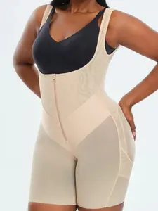 1 Count Women's Underwear Butt Boosting Abdomen Smoothing Firm Control Fit Shapewear, U Neck Open Bust Bodysuit, Fajas, Colombian Shapewear, Solid Tone V Contour Waistband Shapewear, Adjustable Shoulder Strap Zipper Crotch Body Shaper