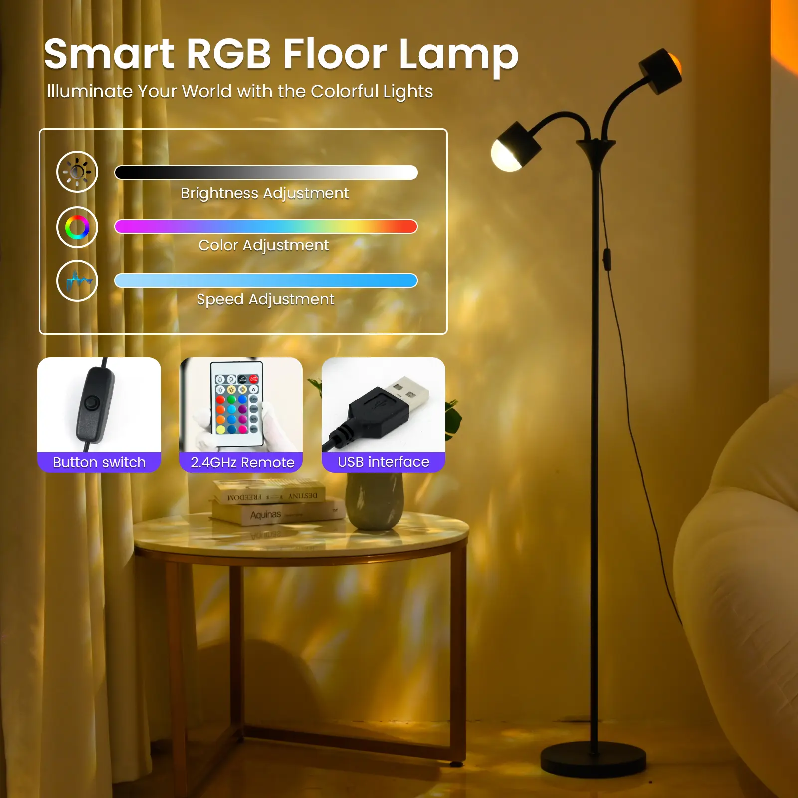 RGB LED Floor Lamp with Remote Control, Dimmable Corner Mood Light, USB Powered Modern Standing Lamp for Bedroom, Living Room & Gaming Room
