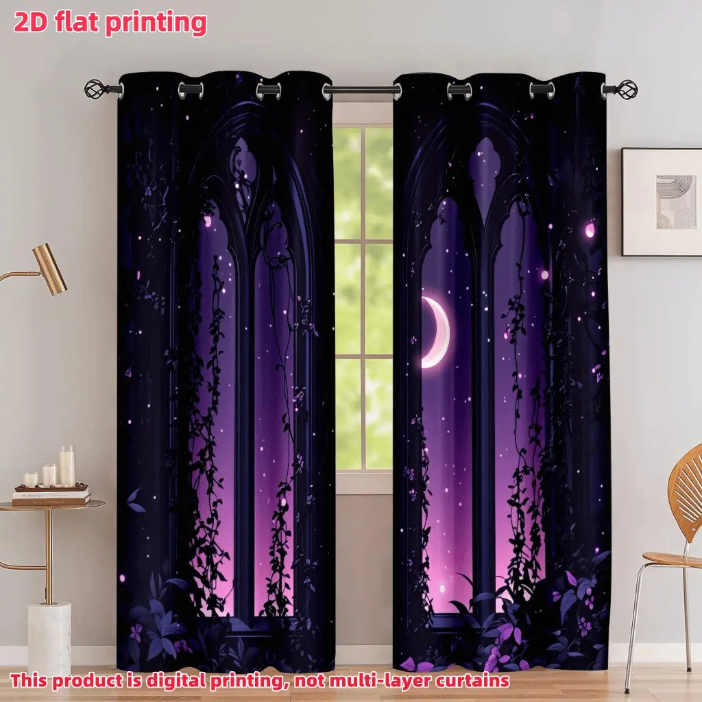 2D Flat 2Pcs Gothic Arch Window Curtains, Mystical Night Sky with Crescent Moon & Stars Print, Dark Fantasy Style Semi Sunshade Drapes, for Living Room Bedroom Home Decor, Home Decoration Curtain, Privacy Protection Treatment