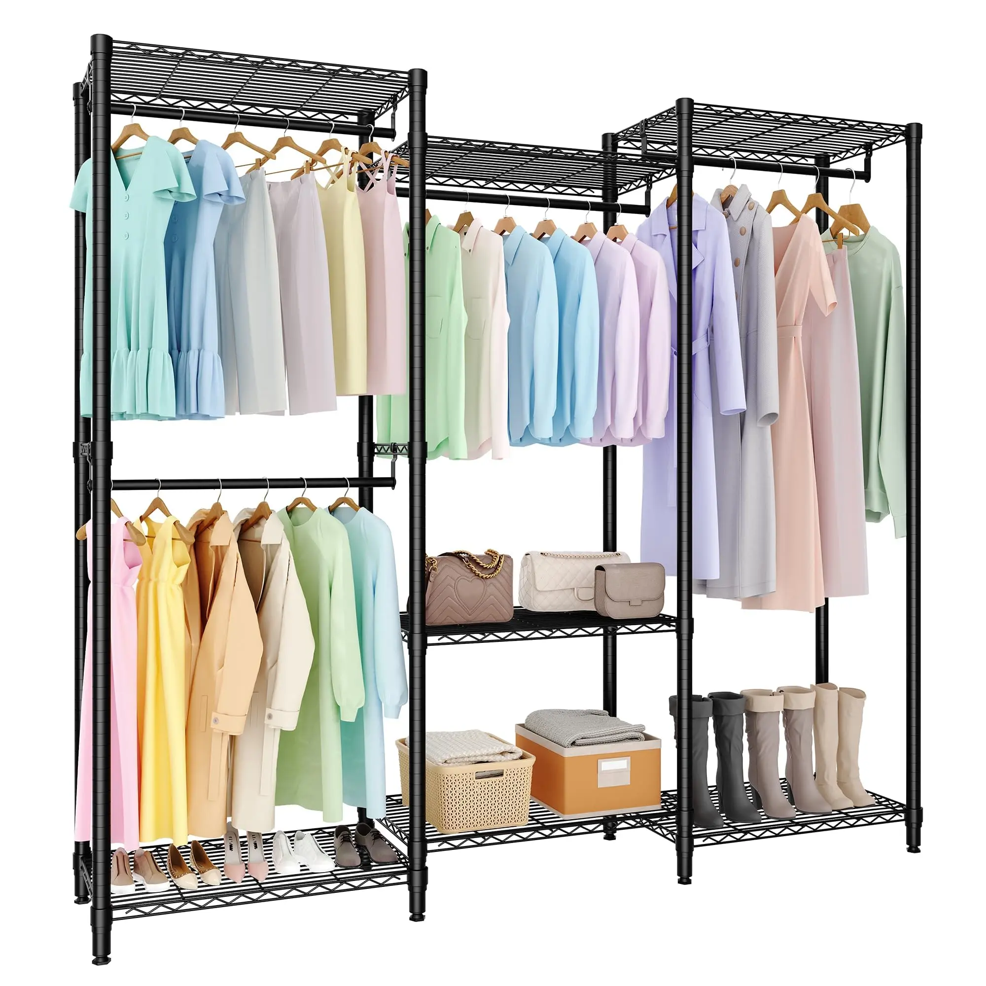 Garvee Adjustable Free Standing Clothes Rack with 4 Sturdy Rods and 7 Storage Shelves, Portable Garment Rack for Easy Assembly, Dimensions 76.5"H x 67.6"L x 15.5"W, Ideal Clothing Closet Organizer