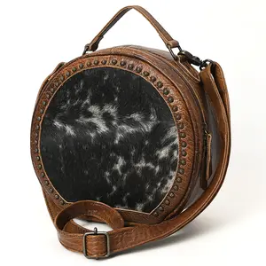 American Darling Canteen Bag Western Leather Hair-On Cowhide Purse with Rivets Embossed and Secure YKK Zipper