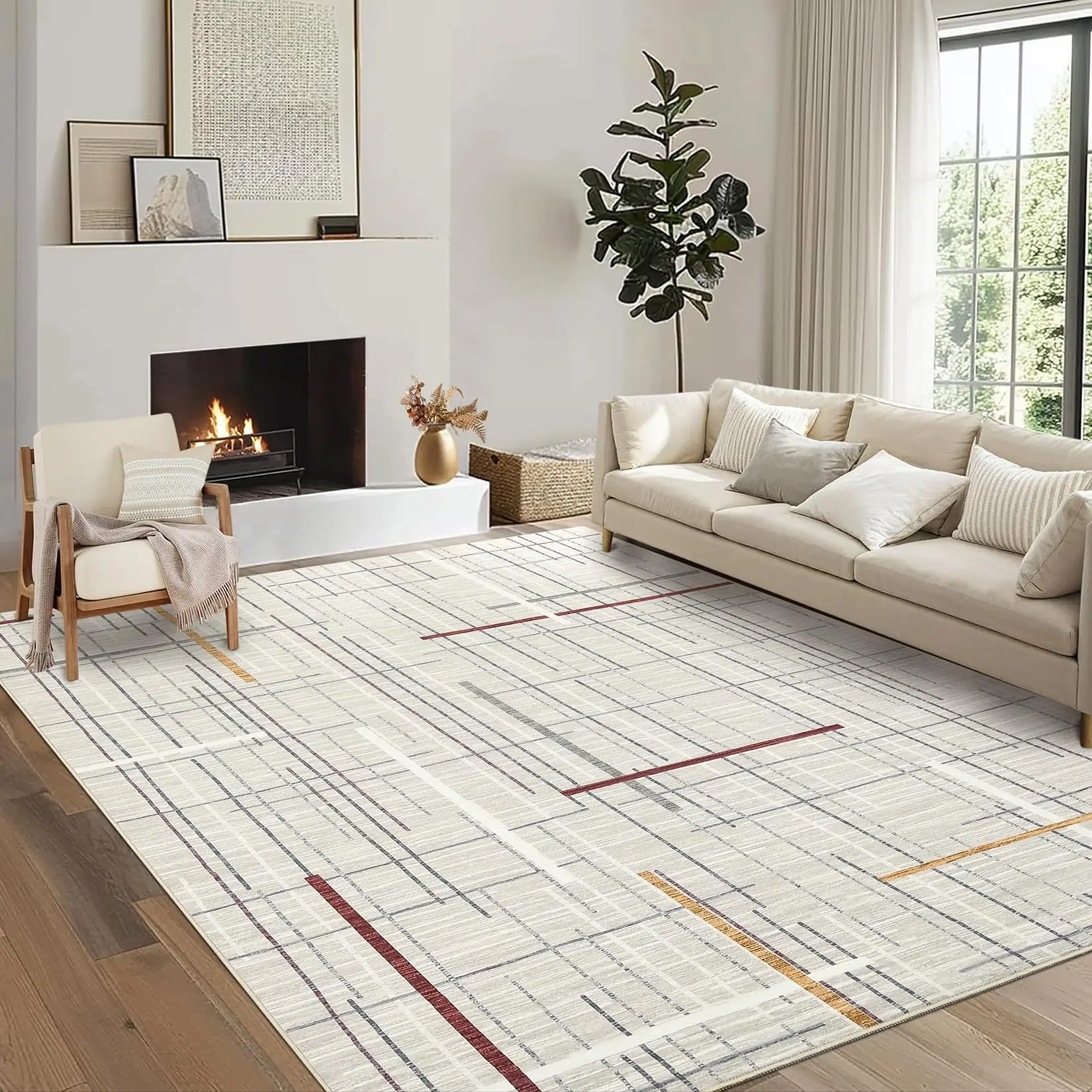 GARVEE Washable Modern 9x12 Rug with Large Linear Geometric Abstract Design, Non-Slip, Foldable, Ultra-Thin, Stain-Resistant, Soft Carpet for Living Room, Office, Home Decor in Beige