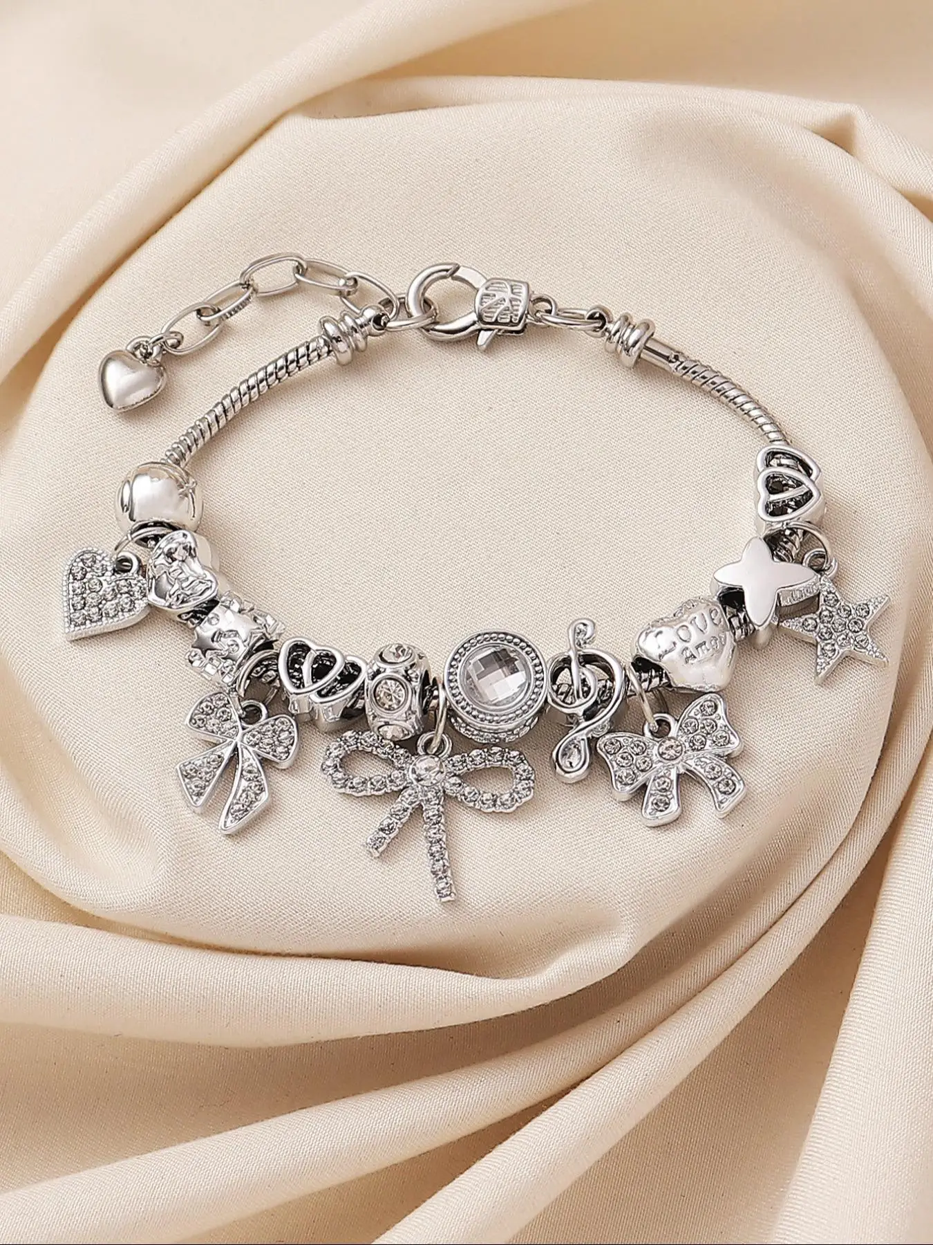 Women's Elegant Bow & Heart Design Charm Bracelet, Exquisite Trendy Charm Bracelet, Fashionable Jewelry for Women & Girls As Gift