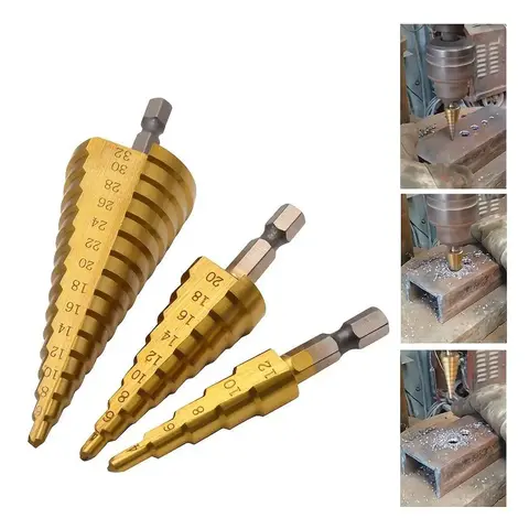 3-Count Multi-Size Titanium-Coated High-Speed Steel Step Drill Bit Set, HSS Multifunctional Drill Tool for Aluminum, Wood, Ideal for DIY Lovers
