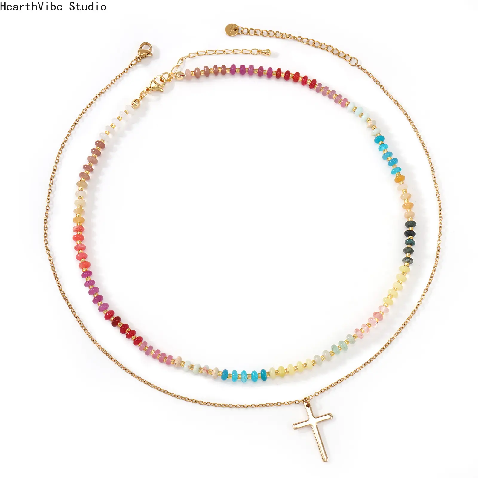 Female Multi-Layered Gradient Colored Abacus Beaded Cross Choker Necklace - Beaded Chains Accessory for Sports & Outdoor Activities, Colorful Necklaces