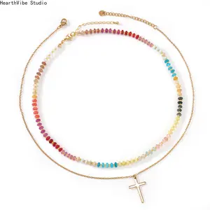 Colorful abacus beaded multi-layered necklace, vacation-style neck accessory with gradient color scheme, gentle and atmospheric vacation feel.