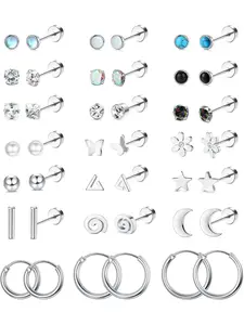 21Pairs Steel Flat Back Earrings Ear Studs Hypoallergenic 20G Screw Back Nap Stack Cartilage Earring Stacks