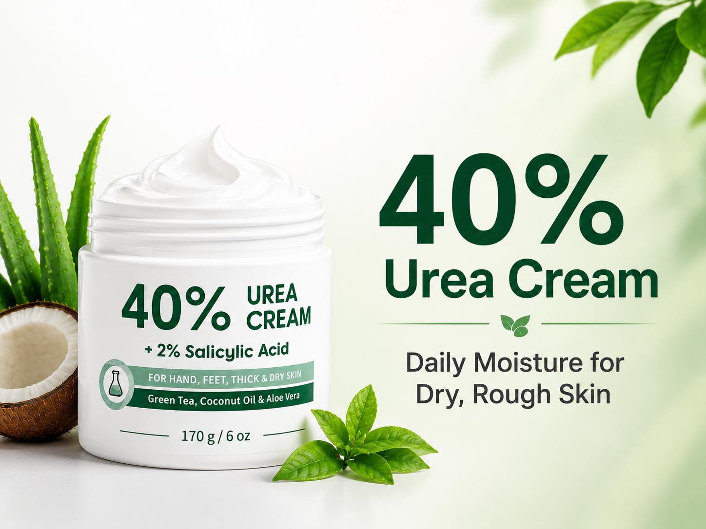 Urea Cream 40 Percent for Feet, Maximum Strength, 6 oz Foot Cream for Dry, Cracked Heels, Callus Care with 2% Salicylic Acid, Fast-Absorbing Daily Moisturizer for Hands, Elbows, Knees, Ankles and Rough Skin, 170 g / 6 oz