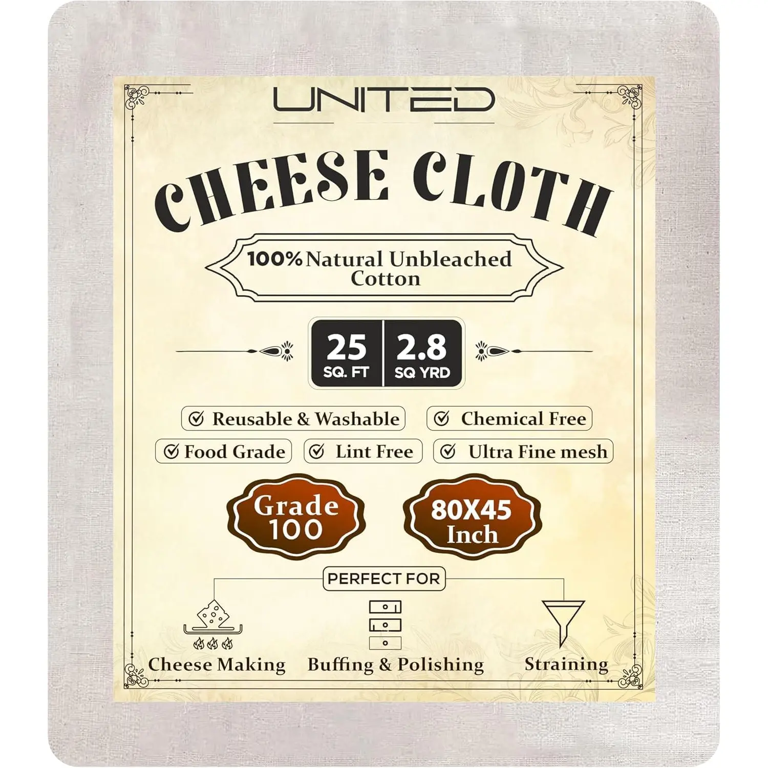 Cheese Cloths 100 Grade, 80X45 Inches- 24 Sq  Pure Cotton- 2.8 Sq Yard  Fine Mesh Hemmed 2 Edges Muslin Cloth, Cheesecloth For Straining Cooking, Baking, Cheese Making, Sprouting, Steaming