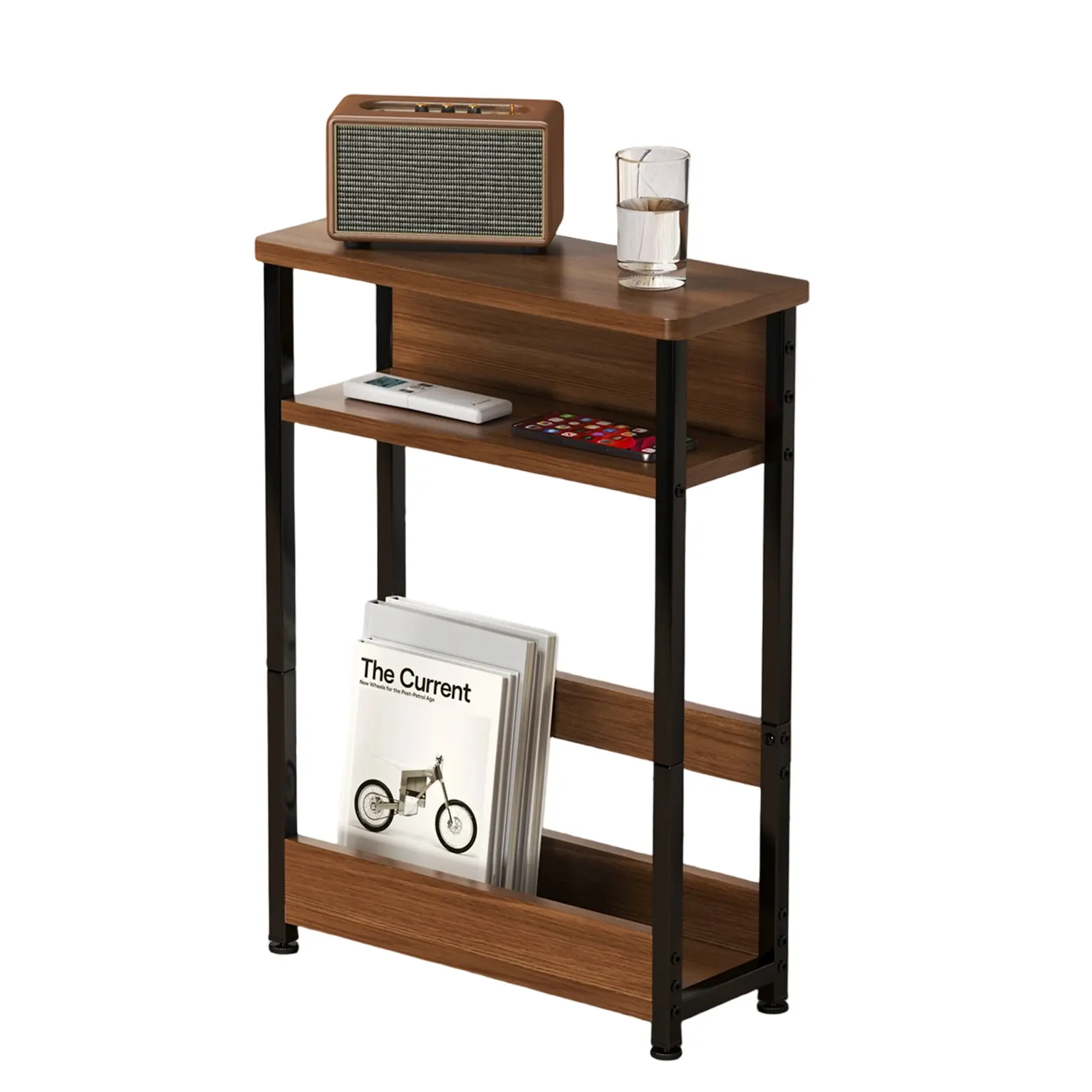 Slim 3-Tier Industrial Side Table with Storage Shelves & Magazine Holder – Narrow Wood and Metal End Table bedside table for Small Spaces, Living Room, Bedroom
