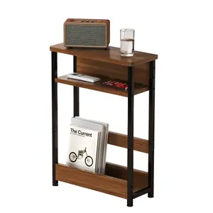 Slim 3-Tier Industrial Side Table with Storage Shelves & Magazine Holder – Narrow Wood and Metal End Table bedside table for Small Spaces, Living Room, Bedroom
