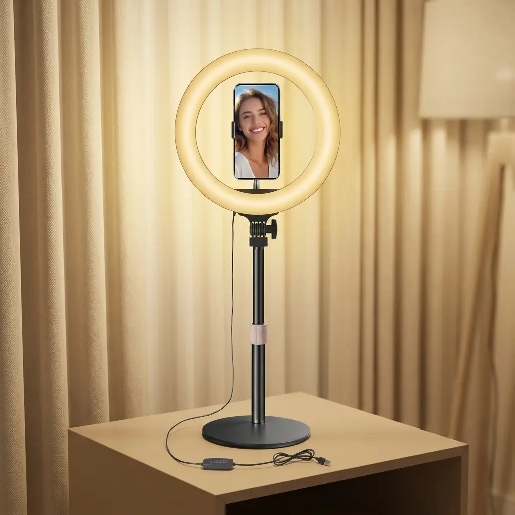 12" LED Selfie Ring Light with Desk Phone Holder & Adjustable Stand, Phone Accessories Lighting Kit for Video Recording, Makeup, Home Office Setup, Balanced Desktop Lighting, Mobile