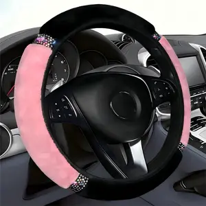 SAGAETR Fluffy Steering Wheel Cover, Universal 15 Inch Colorful Rhinestones  Steering Wheel Cover, Sparkly   Steering Wheel Protector for Women Girls,Pink