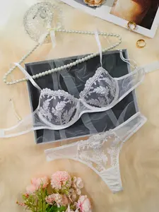 Women's Floral Embroidery Lingerie Set, Elegant Underwire Bra & Mesh Thong, Sexy Bikini Set, Comfortable Fit, Perfect for Dates