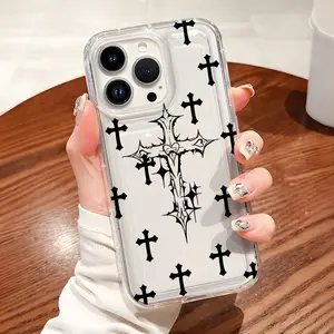Black Cross Pattern Soft TPU Flexible Full-Body Airbag Shockproof Protection Phone Case , Clear Cover For iPhone 16 15 14 13 12 11 Pro Max Plus Xsmax
