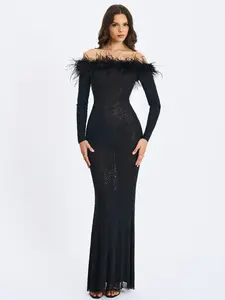 Emberly Black Fur Trimmed Off-Shoulder Rhinestone Mermaid Maxi Dress