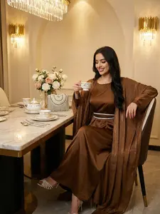 CL51 2 Gold thread shining robe, three piece suit, including outer coat, inner skirt and belt, evening dress, dignified and elegant dress, abaya outfit style Tunic Maxi,Fashionweek Plus Size Modesty