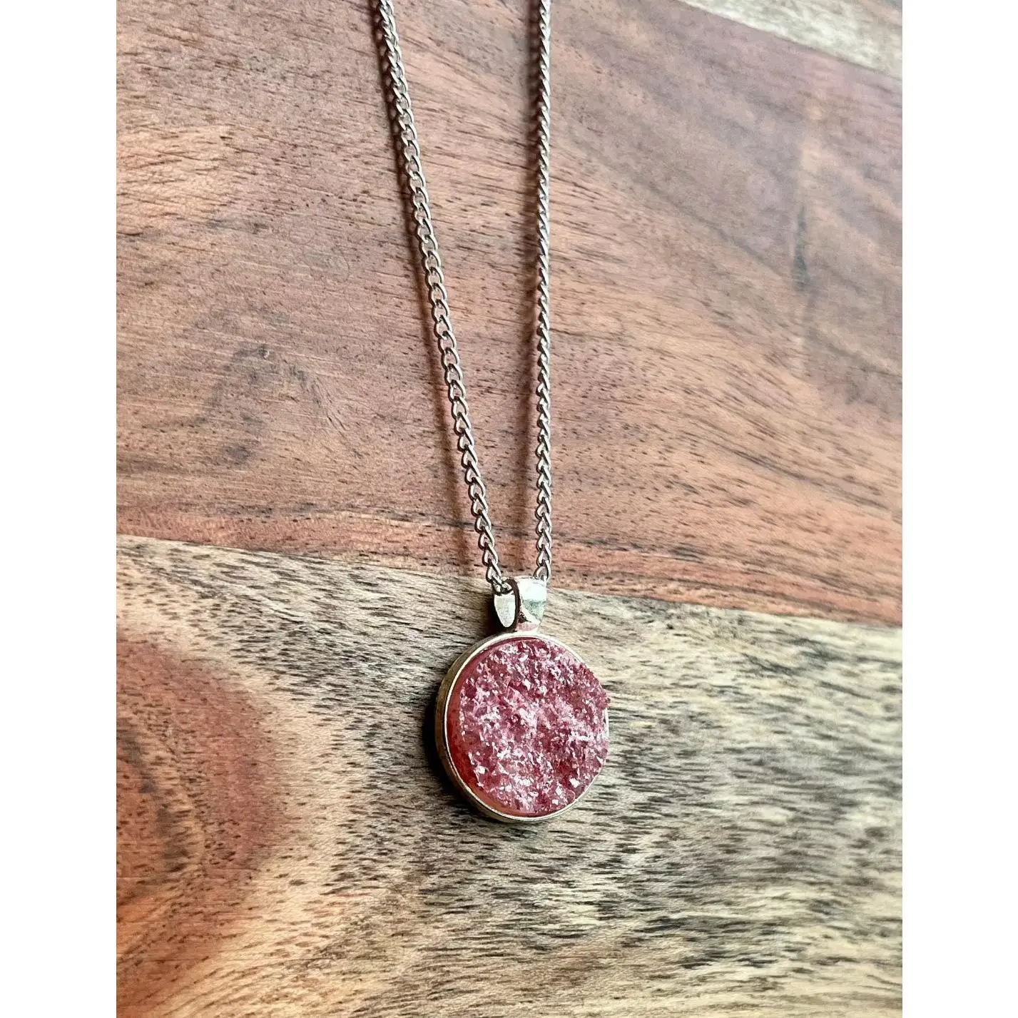 Pink Resin Druzy Necklace | Silver