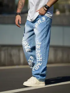 Men's Letter Embroidery Straight Leg, Loose Casual Comfy Denim Trousers for Daily Wear, Fashion Men's Bottoms for All Seasons, Cotton, Graphic Jeans