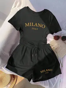 Women's Casual 2-Piece Set, Letter Print Round Neck Slim Fit Short Sleeve Top + Loose Shorts, Perfect for Daily Wear, Everyday, Leisure, Sports, Womenswear Clothes