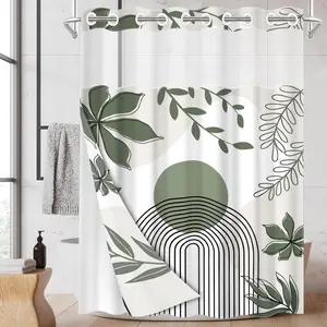 1PC 2D Flat Minimalist Nordic Botanical Removable Hookless Shower Curtain, Morandi Geometric Design, Waterproof & Detachable Liner, Bathroom Curtain (No Hooks)