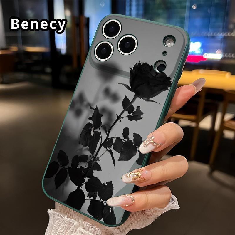 Straight Edge Phone Case for iPhone 17 15 16 14 Pro Max 13 12 11 XR XS Plus Air E Black Rose Pattern Anti-Scratch Shockproof Soft Liquid Silicone Protective Cover Smartphone Casing