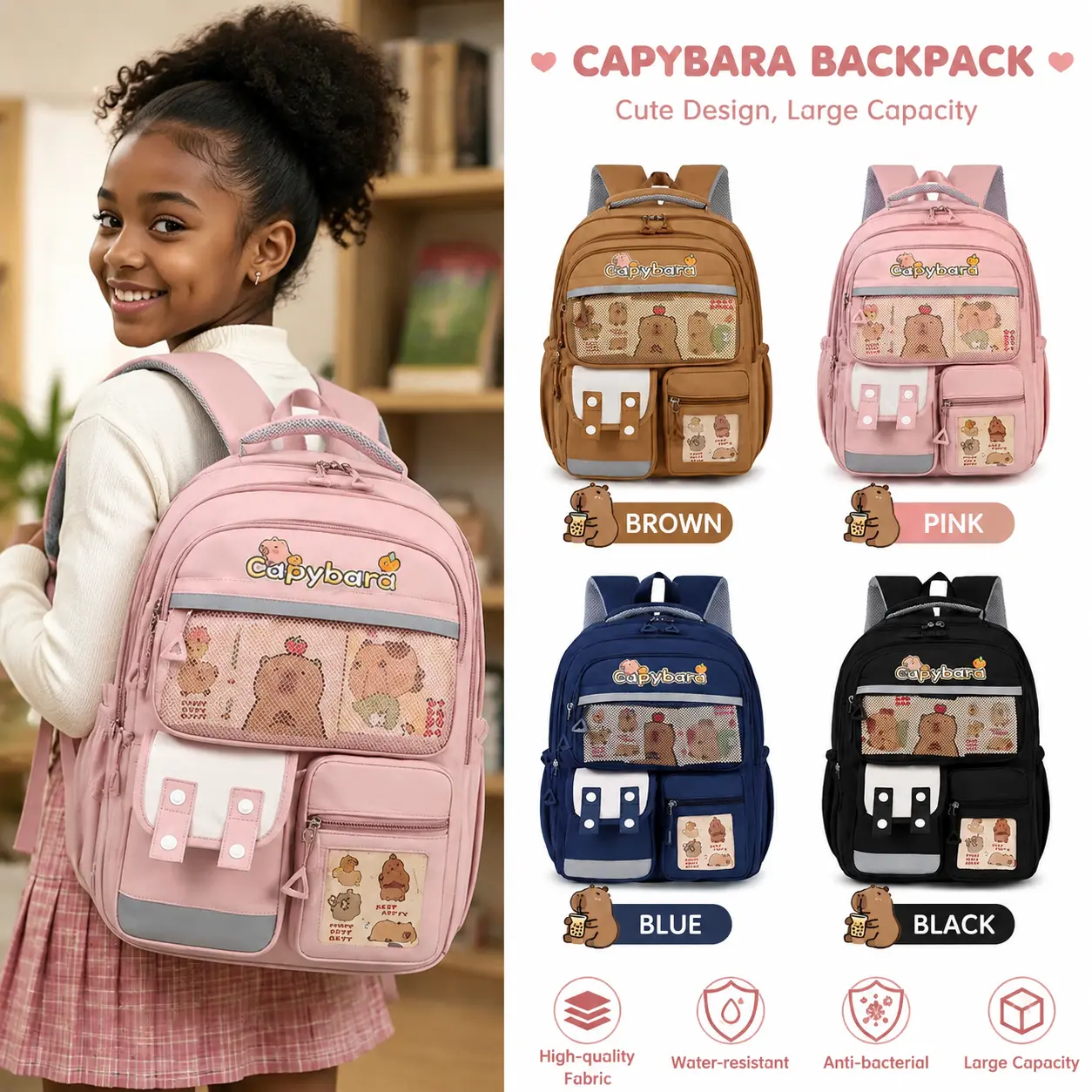 2026 Trendy Capybara School Backpacks - Large Capacity, Lightweight, Waterproof, Ergonomic Spine Protection, Burden-Reducing Cute Cartoon Bookbag for Kids, Outdoor & Back to School Use (Sports & Outdoor Gym Bag)