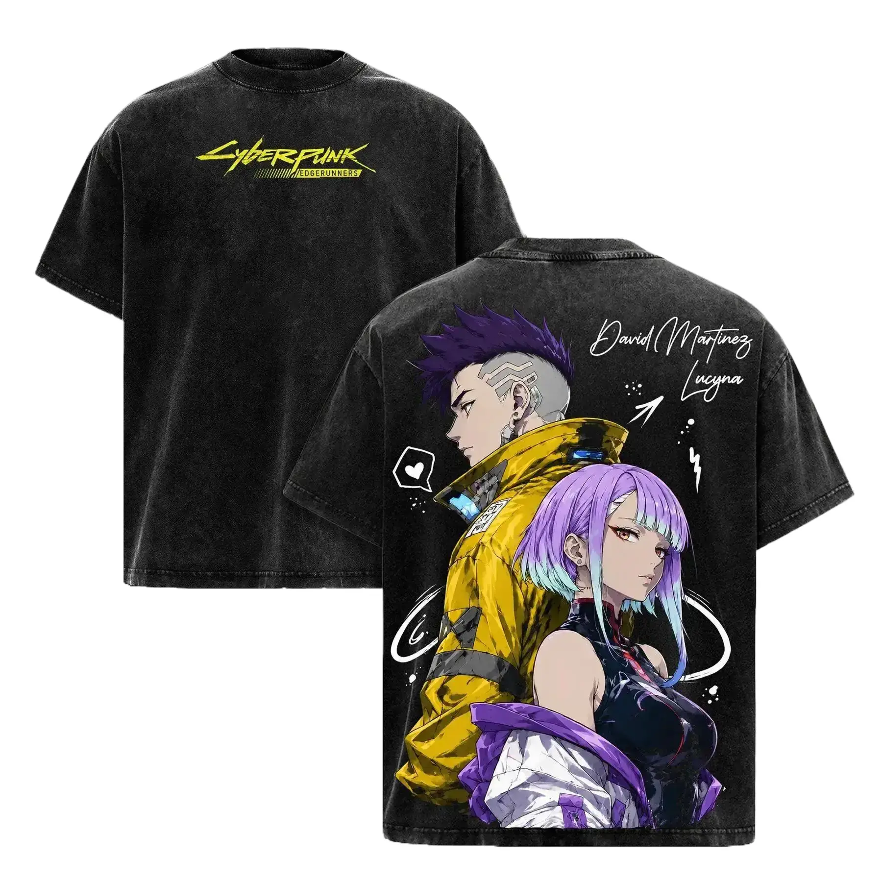 Cyberpunk Edgerunners David And Lucy Vintage Washed Oversized Graphic T-Shirt Heavyweight Cotton Streetwear Anime Tee Double Printed High Resolution Vector Manga Merch Gym Pump Cover Casual Y2K Fashion Best Gift For Anime Fans Retro Trendy Apparel Tops