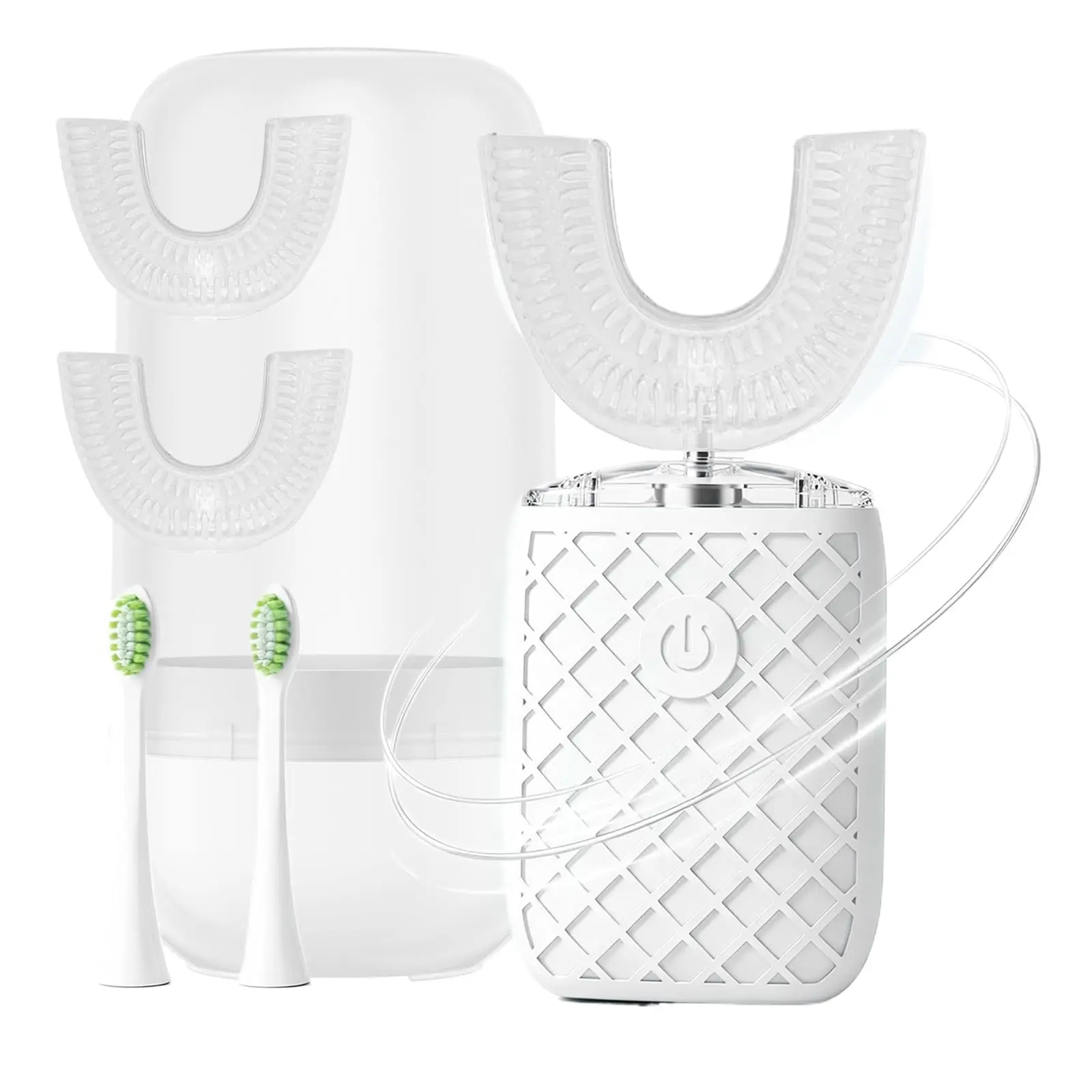 Yeklike Adult U-Shaped Sonic Toothbrush, Automatic Full Mouth Cleaning Device, 360° Stain Removal Tool, IPX7 Waterproof Rechargeable Model, 3 U-Shape & 2 Straight Brush Heads (White - Cup) Daily Daily